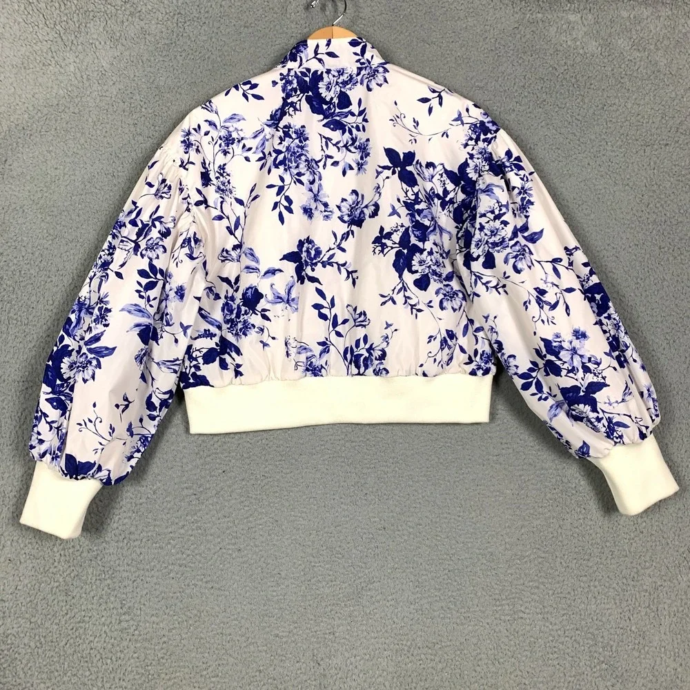 Anthropologie Bomber Jacket Women's Medium M Blue/White Cropped Floral Insulated - Picture 5 of 11